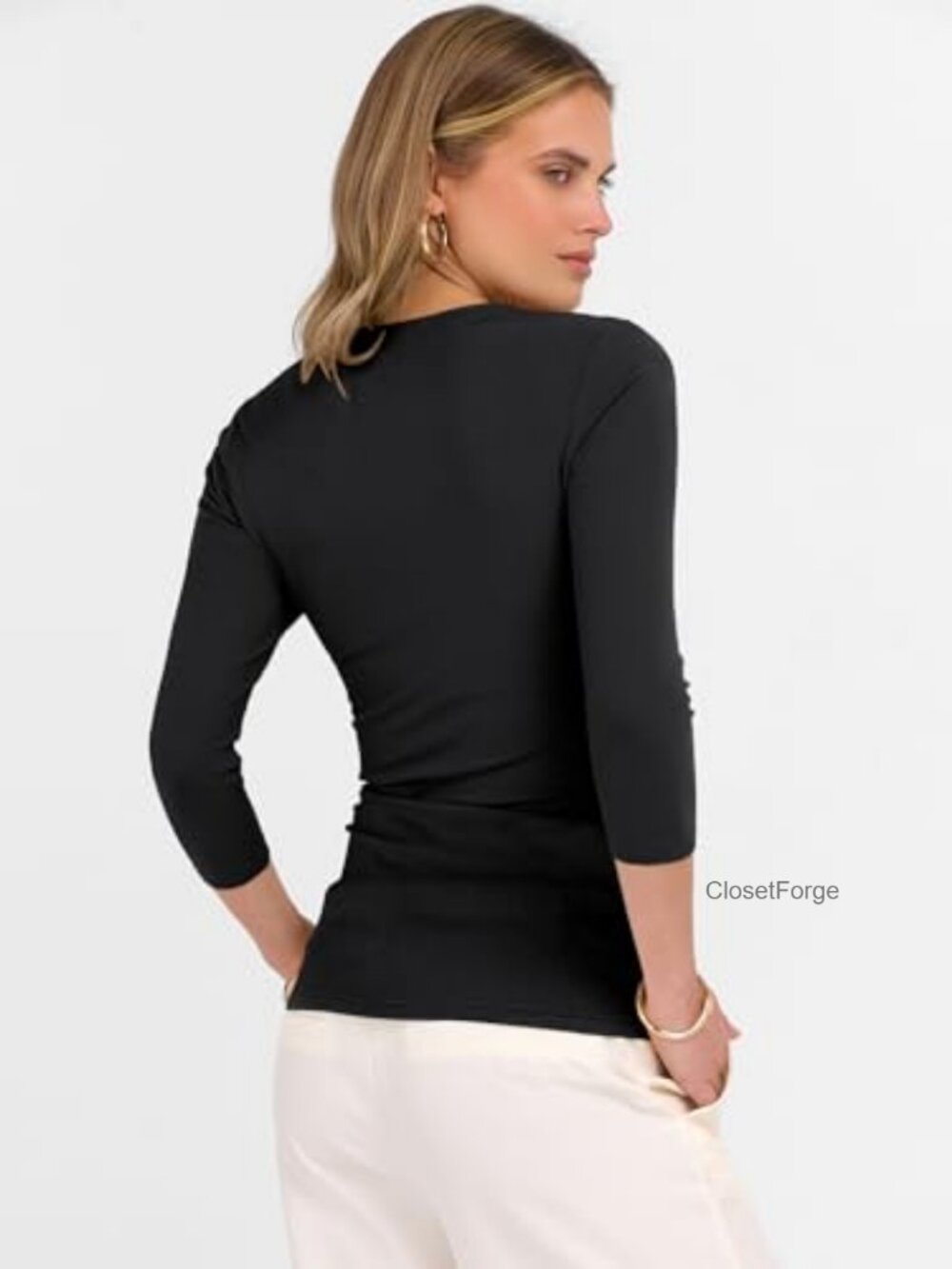3/4 Length Sleeve Ribbed Knit V Neck Slim Fit T-Shirt - Picture 5 of 7